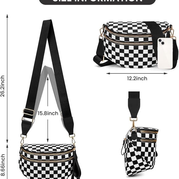 Stylish Black and White Checkered Crossbody Purse with Zipper Compartments - Picture 5 of 8